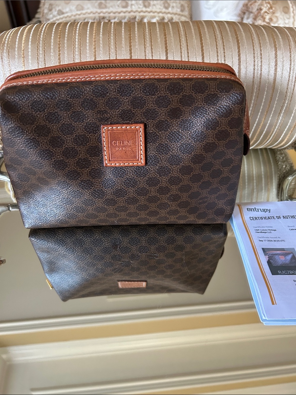 Celine Brown Signature Canvas Toiletry Pouch with Tan Trim coming with COA…EUC